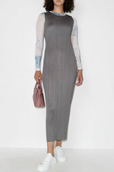 Vestido midi plisado sin mangas, elegante, de verano, con cuello redondo - Gris